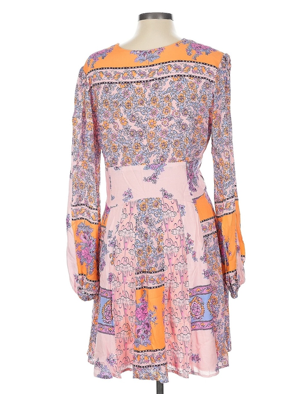 Free People Pink & Orange Floral Boho Long-Sleeve Mini Dress - Picture 3 of 4